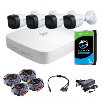 Комплект видеонаблюдения для улицы 2 Мп: видеорегистратор XVR4104C-X1, 4 камеры DH-HAC-HFW1200CP (2.8 мм), жесткий диск, блок питания, разветвитель питания, 4 BNC-power кабеля