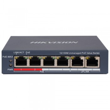 Некерований PoE комутатор Hikvision DS-3E0106P-E/M(B) з 4 портами PoE