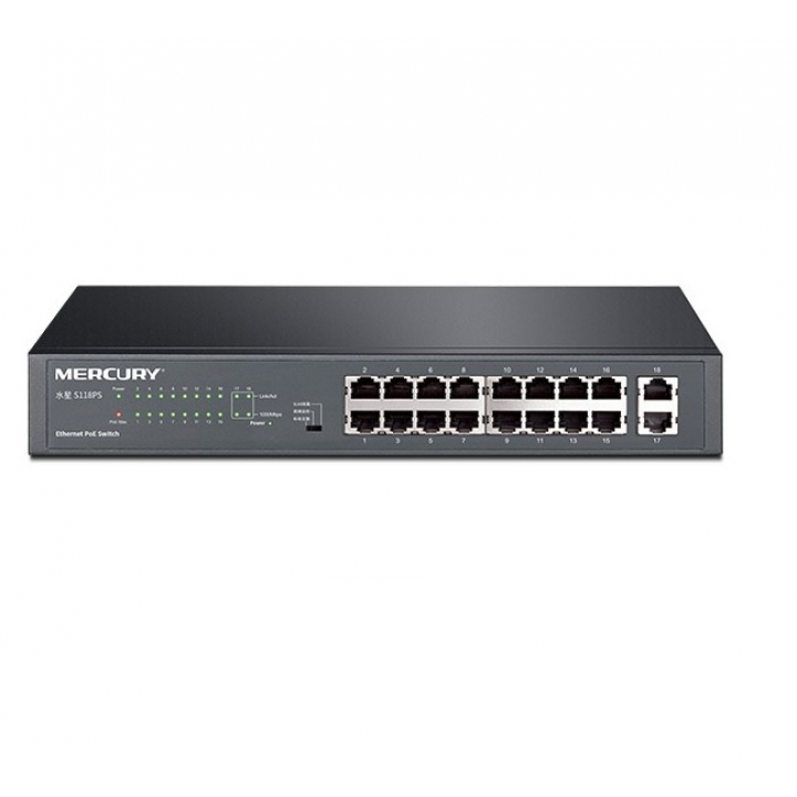 Коммутатор POE Mercury S118PS 16 портов POE 100Мбит + 2 порт Ethernet (UP-Link) 1000Мбит
