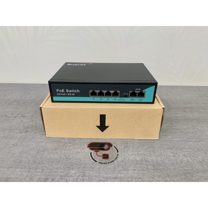 POE коммутатор свитч 48В WangLink 4 POE 100 + 2 RJ45 100Мбит, c усил. сигн. до 250м для видеонаблюдения